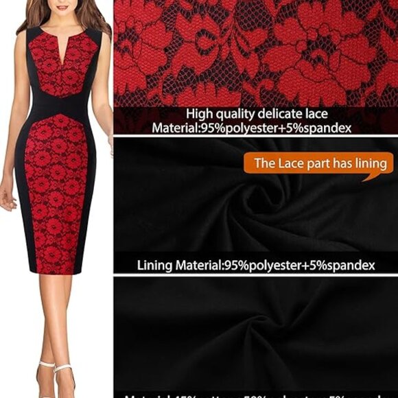 Lace Business Woman Dress Red Black Office Formal Cross Bodycon Stretch XL 14 16 - Picture 2 of 12
